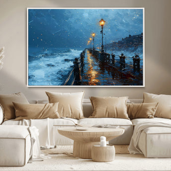 93793246-MGV-CV-36X24-Stormy Night Pier Canvas Wall Art – Moody Ocean Landscape with Lights, Blue Coastal Seascape Print for Bedroom, Living Room,