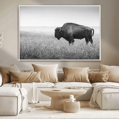 90861202-MGV-CV-36X24-Black and White Bison Canvas Wall Art – Rustic American Buffalo Print, Western Wildlife Photography for Farmhouse, Cabin, Office