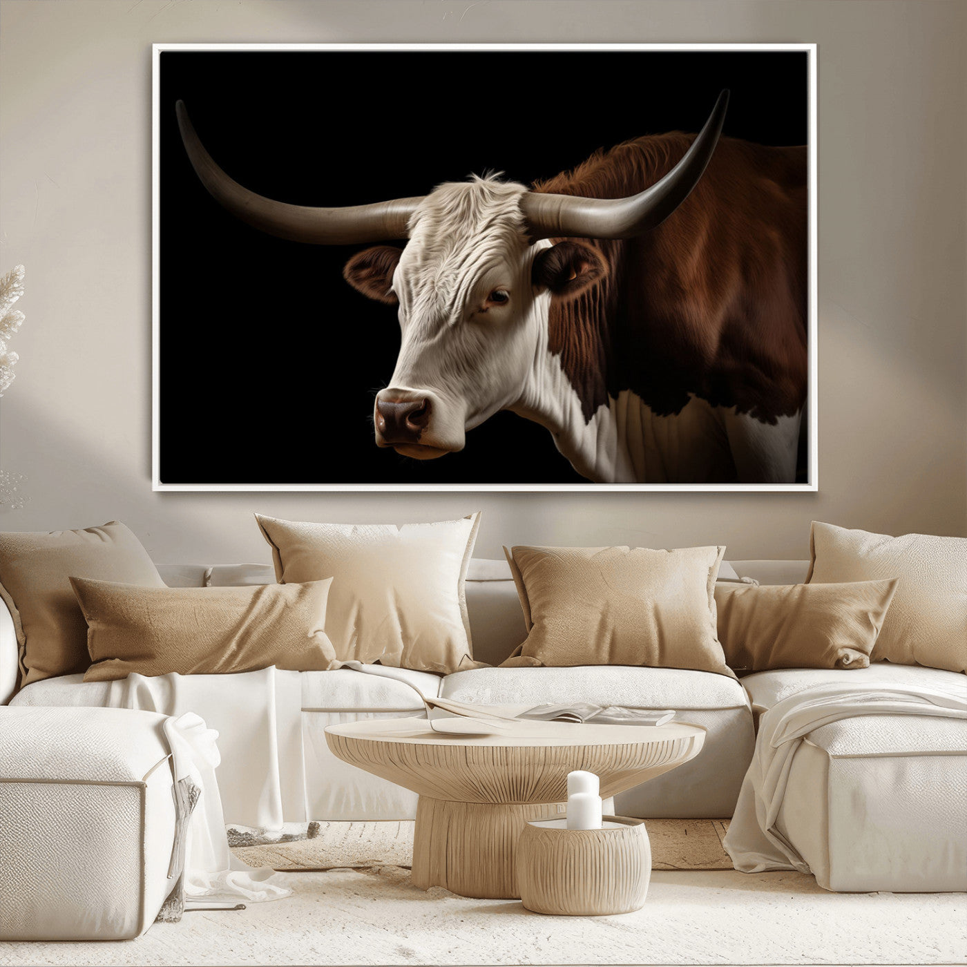 27414857-MGV-CV-36X24-Texas Longhorn Bull Canvas Wall Art – Rustic Western Farmhouse Decor, Brown & White Cow Portrait, Animal Print for Ranch Home