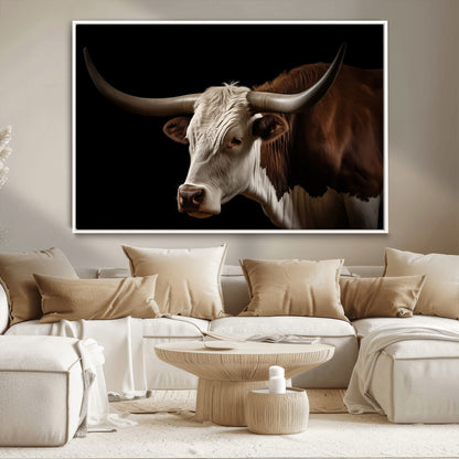 27414857-MGV-CV-36X24-Texas Longhorn Bull Canvas Wall Art – Rustic Western Farmhouse Decor, Brown & White Cow Portrait, Animal Print for Ranch Home