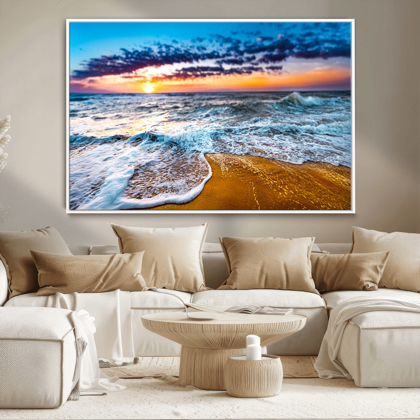 24077769-MGV-CV-36X24-Sunset Beach Wall Art – Ocean Waves Canvas Print, Golden Shoreline Photography Coastal Decor for Living Room, Bedroom, Office,