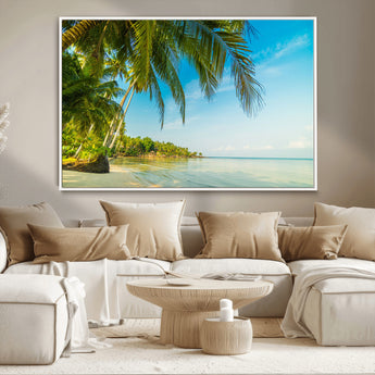 65056721-MGV-CV-36X24-Tropical Beach Wall Art – Palm Tree Coastal Photography Print, Relaxing Ocean Paradise Landscape, Island Seascape Home or Office