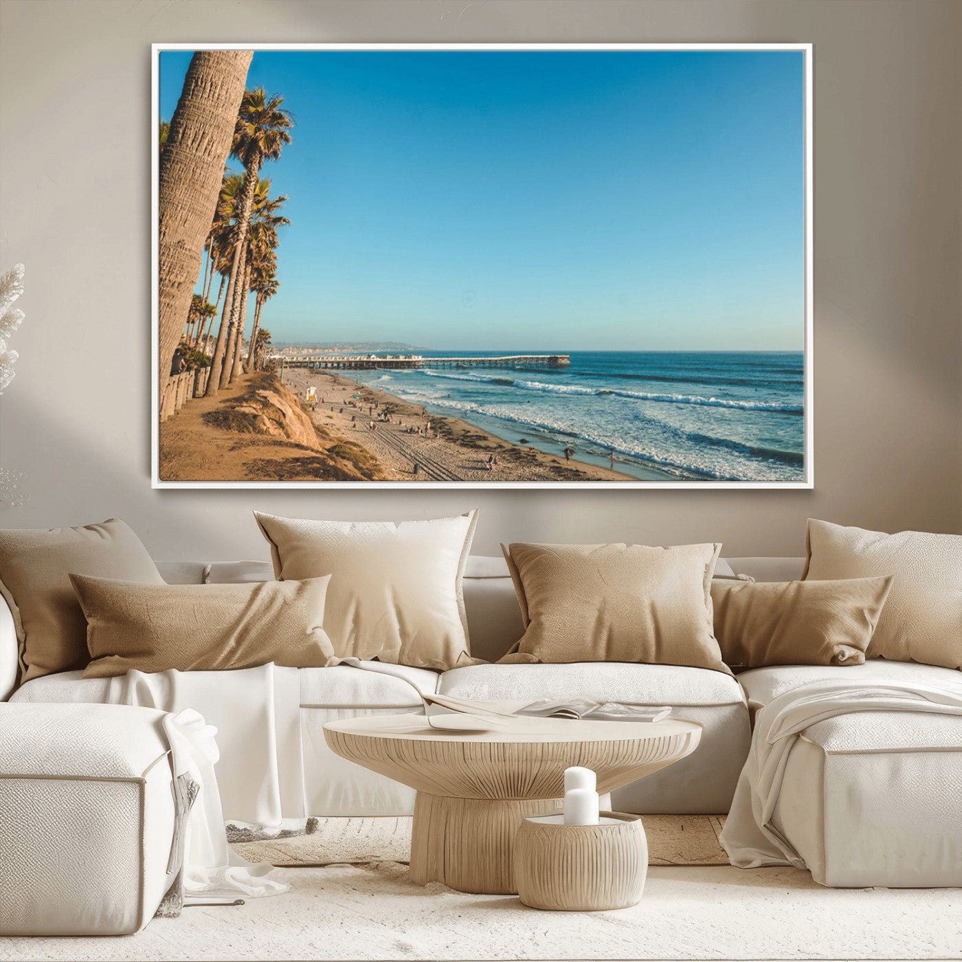 92568259-MGV-CV-36X24-California Beach Wall Art – Palm Tree Pier Canvas Print, Coastal Ocean Photography Seaside Decor for Living Room, Bedroom, Office,