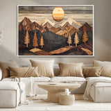 90044381-MGV-CV-36X24-Rustic Wall Art – Wooden Mountain Landscape with Sun and Pine Trees, Handcrafted Nature Canvas Style Decor for Bedroom, Living