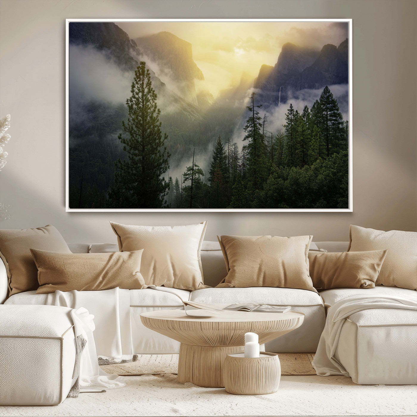38316884-MGV-CV-36X24-Landscape Wall Art – Misty Mountain Valley Canvas Print, Scenic Pine Forest and Sunrise Photography Decor for Bedroom, Living