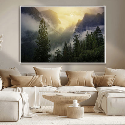 38316884-MGV-CV-36X24-Landscape Wall Art – Misty Mountain Valley Canvas Print, Scenic Pine Forest and Sunrise Photography Decor for Bedroom, Living