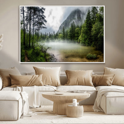 93123937-MGV-CV-36X24-Landscape Wall Art – Misty Mountain Lake Canvas Print, Tranquil Forest and Waterfall Photography Decor for Bedroom, Living Room,