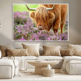 64069351-MGV-CV-36X24-Farmhouse Wall Art – Highland Cow in Wildflowers Canvas Print, Rustic Country Cattle Photography Decor for Bedroom, Living Room,