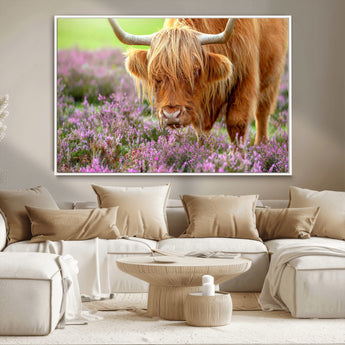 64069351-MGV-CV-36X24-Farmhouse Wall Art – Highland Cow in Wildflowers Canvas Print, Rustic Country Cattle Photography Decor for Bedroom, Living Room,