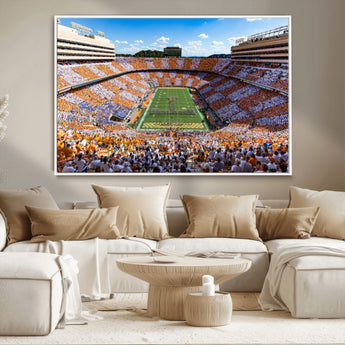 64238859-MGV-CV-36X24-Neyland Stadium Wall Art – Panoramic Tennessee Volunteers Power T Checkerboard Crowd Canvas Print, Day Game Football Band Sports