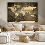 13394308-MGV-CV-36X24-Personalized World Map Wall Art – Dark Rustic Vintage Adventure Travel Map with Custom Couple Names, Timeless Wall Decor for Home
