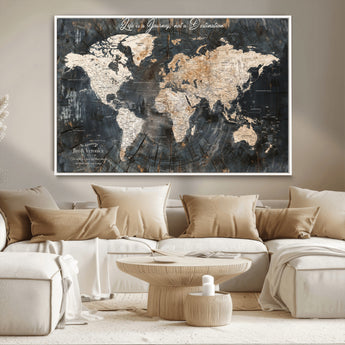 55548943-MGV-CV-36X24-Personalized World Map Wall Art – Rustic Wood Texture Adventure Travel Map with Custom Couple Names, Vintage Dark Wall Decor for
