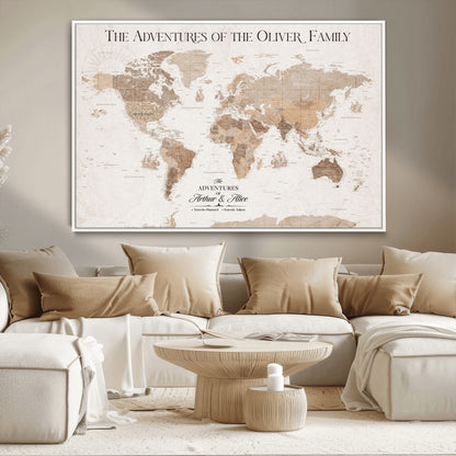 43869621-MGV-CV-36X24-Personalized World Map Wall Art – Light Beige Sepia Adventure Travel Map with Custom Family or Couple Names, Rustic Wall Decor for