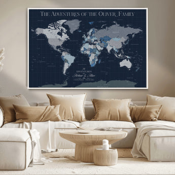 76726424-MGV-CV-36X24-Personalized World Map Wall Art – Navy Blue & Grey Adventure Travel Map with Custom Family or Couple Names, Modern Wall Decor for