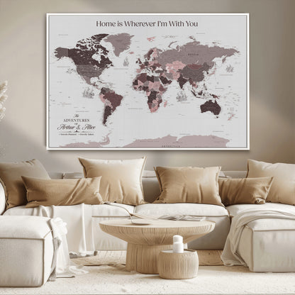 33204797-MGV-CV-36X24-Personalized World Map Wall Art – Burgundy & Grey Adventure Travel Map with Custom Names, Romantic Wall Decor for Couples, Home or