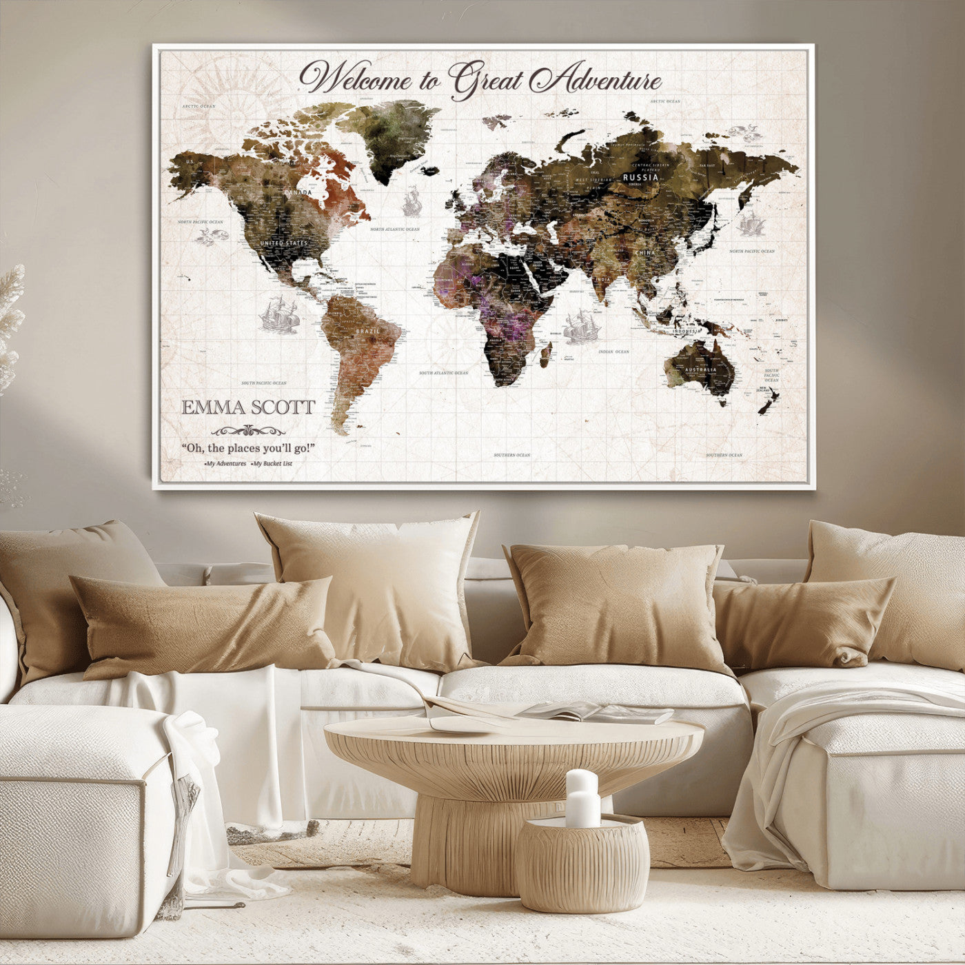 33631532-MGV-CV-36X24-Personalized World Map Wall Art – Dark Vintage Adventure Travel Map with Custom Names, Rustic Wall Decor for Couples, Home or