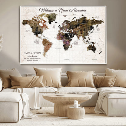 33631532-MGV-CV-36X24-Personalized World Map Wall Art – Dark Vintage Adventure Travel Map with Custom Names, Rustic Wall Decor for Couples, Home or