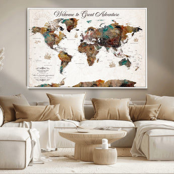 67029173-MGV-CV-36X24-Personalized World Map Wall Art – Colorful Vintage Adventure Travel Map with Custom Couple Names, Rustic Wall Decor for Home,