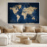 71052542-MGV-CV-36X24-Personalized World Map Wall Art – Rustic Navy Blue Adventure Travel Map with Custom Couple Names, Vintage Wall Decor for Home or