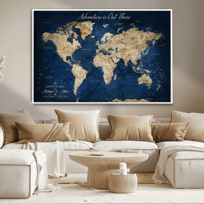 71052542-MGV-CV-36X24-Personalized World Map Wall Art – Rustic Navy Blue Adventure Travel Map with Custom Couple Names, Vintage Wall Decor for Home or