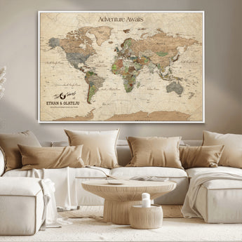 62766900-MGV-CV-36X24-Personalized World Map Wall Art – Antique Parchment Adventure Travel Map with Custom Couple Names, Rustic Wall Decor for Home,