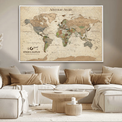 62766900-MGV-CV-36X24-Personalized World Map Wall Art – Antique Parchment Adventure Travel Map with Custom Couple Names, Rustic Wall Decor for Home,