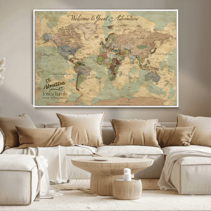 32019746-MGV-FC-36X24_White-Personalized World Map Wall Art – Vintage Camo Adventure Travel Map with Custom Family Names, Rustic Wall Decor for Couples, Home