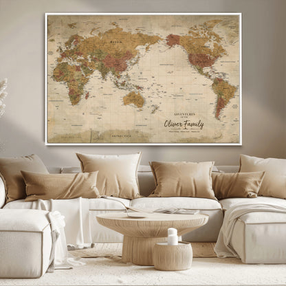 31874045-MGV-CV-36X24-Personalized World Map Wall Art – Vintage Earth Tone Adventure Map with Custom Family Names, Rustic Travel Decor for Home, Couples