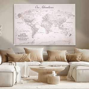11706567-MGV-CV-36X24-Personalized World Map Wall Art – Minimalist Beige Adventure Travel Map with Custom Names, Elegant Push Pin Canvas for Couples,
