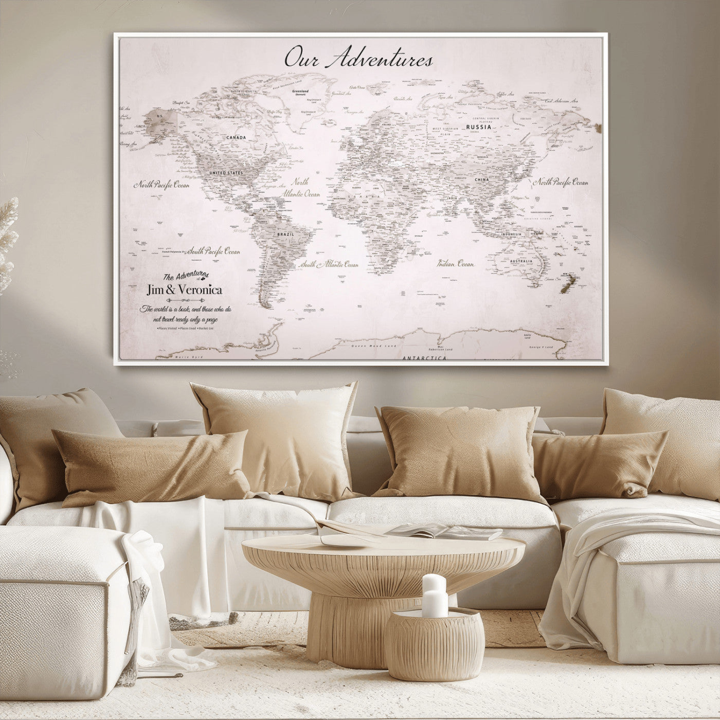11706567-MGV-CV-36X24-Personalized World Map Wall Art – Minimalist Beige Adventure Travel Map with Custom Names, Elegant Push Pin Canvas for Couples,