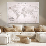 11706567-MGV-CV-36X24-Personalized World Map Wall Art – Minimalist Beige Adventure Travel Map with Custom Names, Elegant Push Pin Canvas for Couples,
