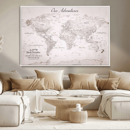 11706567-MGV-CV-36X24-Personalized World Map Wall Art – Minimalist Beige Adventure Travel Map with Custom Names, Elegant Push Pin Canvas for Couples,