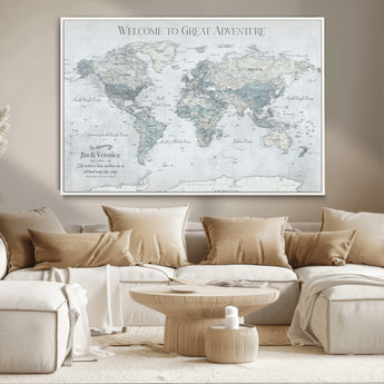 70605050-MGV-CV-36X24-Personalized World Map Wall Art – Cool Gray Adventure Travel Map with Custom Names, Elegant Push Pin Canvas for Couples, Family