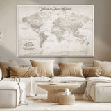 93034948-MGV-CV-36X24-Personalized World Map Wall Art – Vintage Beige Adventure Travel Map with Custom Names, Elegant Push Pin Canvas for Couples,