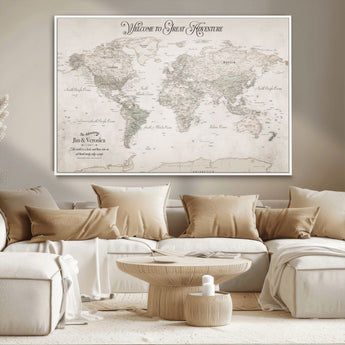 93034948-MGV-CV-36X24-Personalized World Map Wall Art – Vintage Beige Adventure Travel Map with Custom Names, Elegant Push Pin Canvas for Couples,