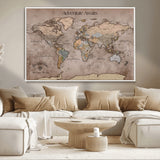 93226713-MGV-CV-36X24-Personalized World Map Wall Art – Adventure Awaits Rustic Earth-Tone Travel Map with Custom Names, Vintage Wall Decor for Couples,