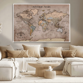 93226713-MGV-CV-36X24-Personalized World Map Wall Art – Adventure Awaits Rustic Earth-Tone Travel Map with Custom Names, Vintage Wall Decor for Couples,