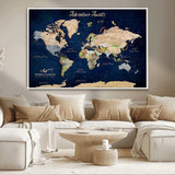 80965072-MGV-CV-36X24-Personalized World Map Wall Art – Adventure Awaits Navy Blue Travel Map with Custom Names, Rustic Vintage Wall Decor for Couples,