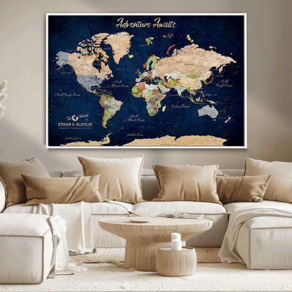 80965072-MGV-CV-36X24-Personalized World Map Wall Art – Adventure Awaits Navy Blue Travel Map with Custom Names, Rustic Vintage Wall Decor for Couples,
