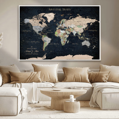 15547583-MGV-CV-36X24-Personalized World Map Wall Art – Rustic Navy Adventure Awaits Travel Map with Custom Couple Names, Vintage Wall Decor for Home or