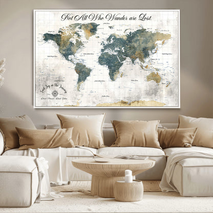 16233493-MGV-CV-36X24-Personalized World Map Wall Art – Rustic Blue Green Wanderlust Travel Map with Custom Couple Names, Vintage Wall Decor for Home