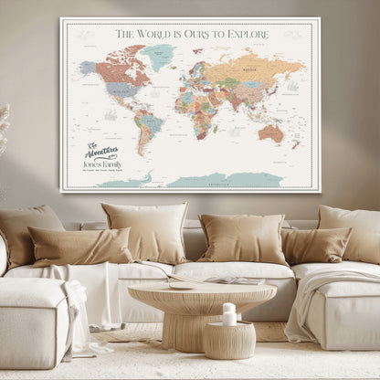 69180591-MGV-FC-36X24_White-Personalized World Map Wall Art – Rustic Vintage Adventure Travel Map with Custom Family Names, Unique Wall Decor for Couples,