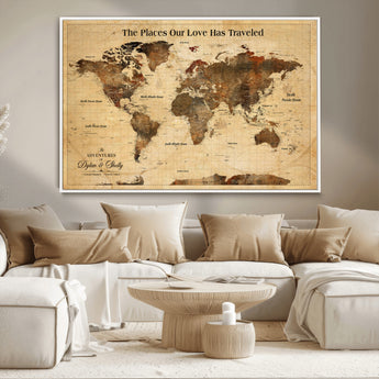 50680593-MGV-CV-36X24-Personalized World Map Wall Art – Rustic Brown Adventure Travel Map with Custom Names, Elegant Push Pin Canvas for Couples Home,