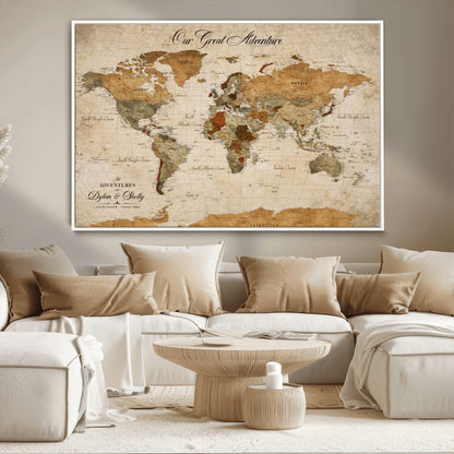 91961147-MGV-CV-36X24-Personalized World Map Wall Art – Vintage Sepia Adventure Travel Map with Custom Couple Names, Rustic Wall Decor for Home, Couples