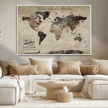 78610079-MGV-CV-36X24-Personalized World Map Wall Art – Vintage Rustic Travel Map with Custom Family Name, Adventure Wall Decor for Home, Family Gift or