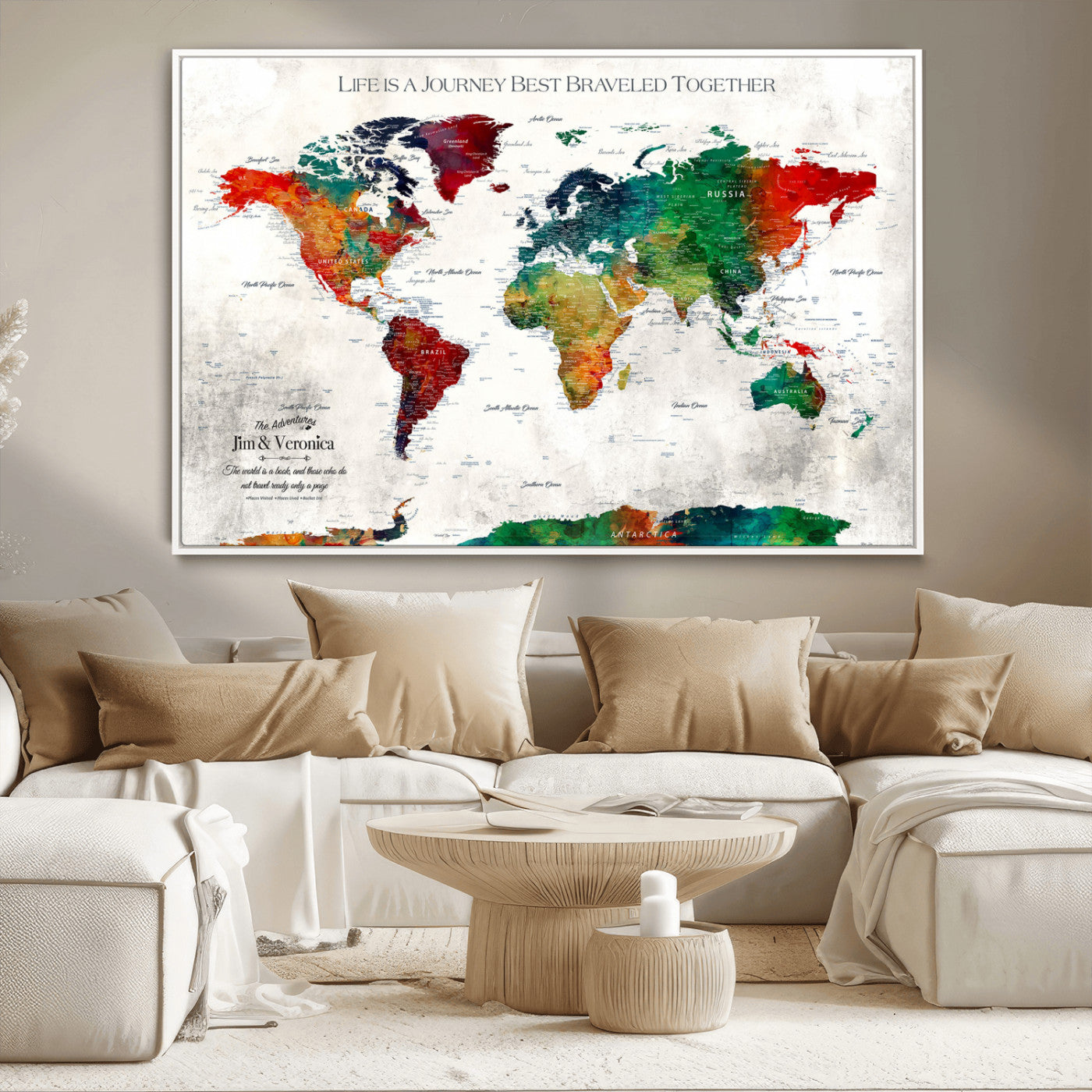95876117-MGV-CV-36X24-Personalized World Map Wall Art – Colorful Watercolor Travel Map with Custom Names, Romantic Wall Decor for Couples, Wedding or