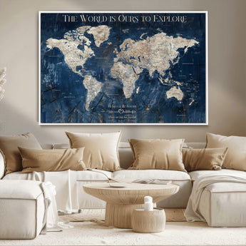 16933330-MGV-CV-36X24-Personalized World Map Wall Art – Navy Blue Vintage Travel Map with Custom Names, Anniversary Gift for Couples Romantic Adventure