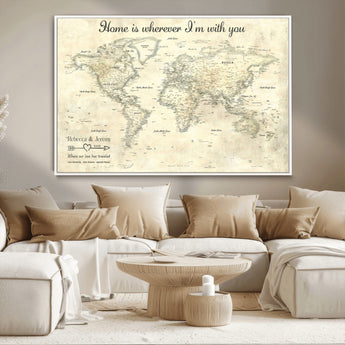 35009043-MGV-CV-36X24-Personalized World Map Wall Art – Vintage Beige Travel Map with Custom Names and Date, Romantic Anniversary Gift for Couples Home
