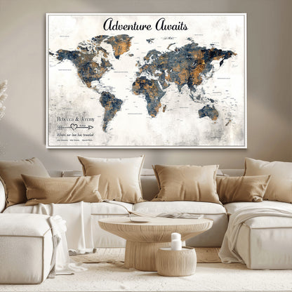 11751559-MGV-CV-36X24-Personalized World Map Wall Art – Elegant Adventure Travel Tracker Map for Couples & Families, Push Pin Canvas Poster Decor for Home, Office