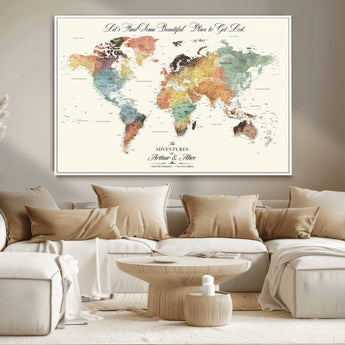 10311652-MGV-CV-36X24-Personalized World Map Wall Art - Watercolor Travel Map with Custom Names Minimalist Design for Couples&Families - Decor for Home,